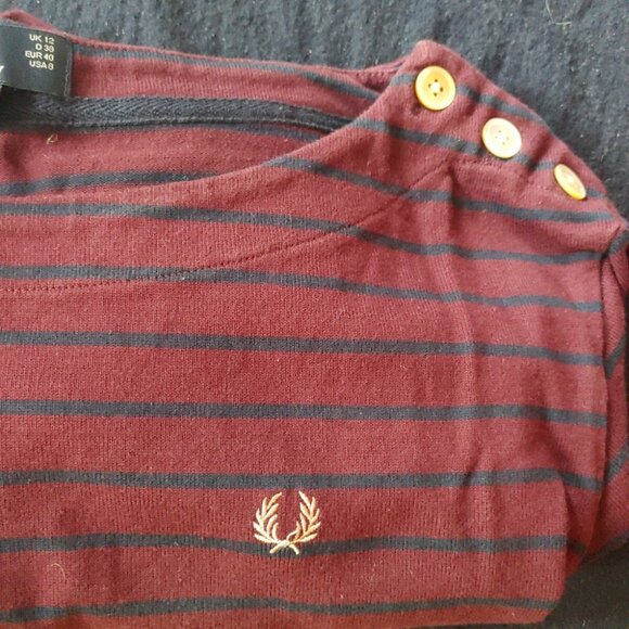 Fred Perry Tunic Dress Stripes Boat Neck Sz 8 burgundy & navy gold logo - Picture 6 of 7